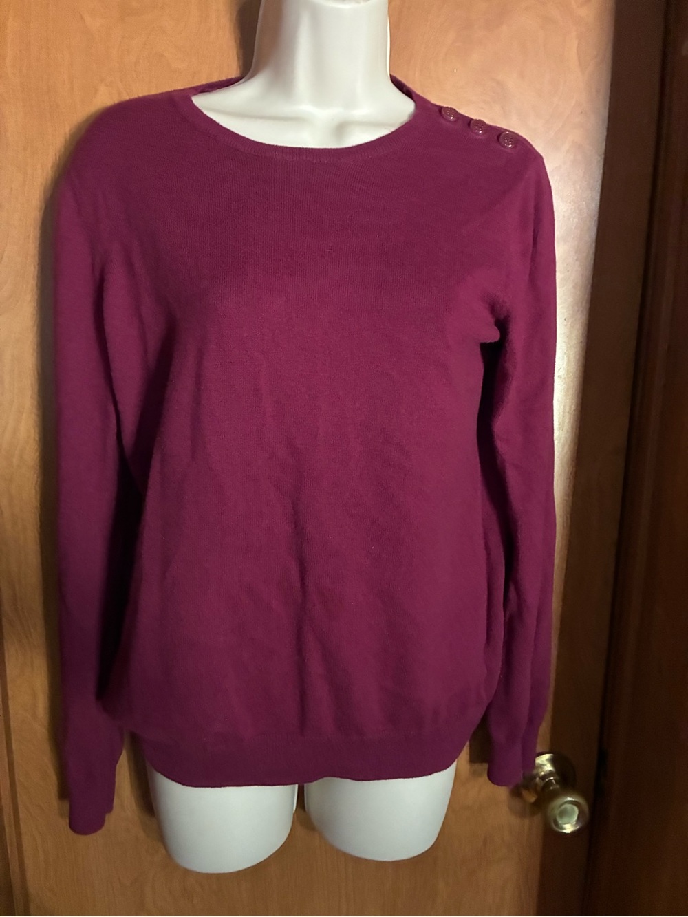 Women's Crewneck Button-Shoulder Sweater in Berry